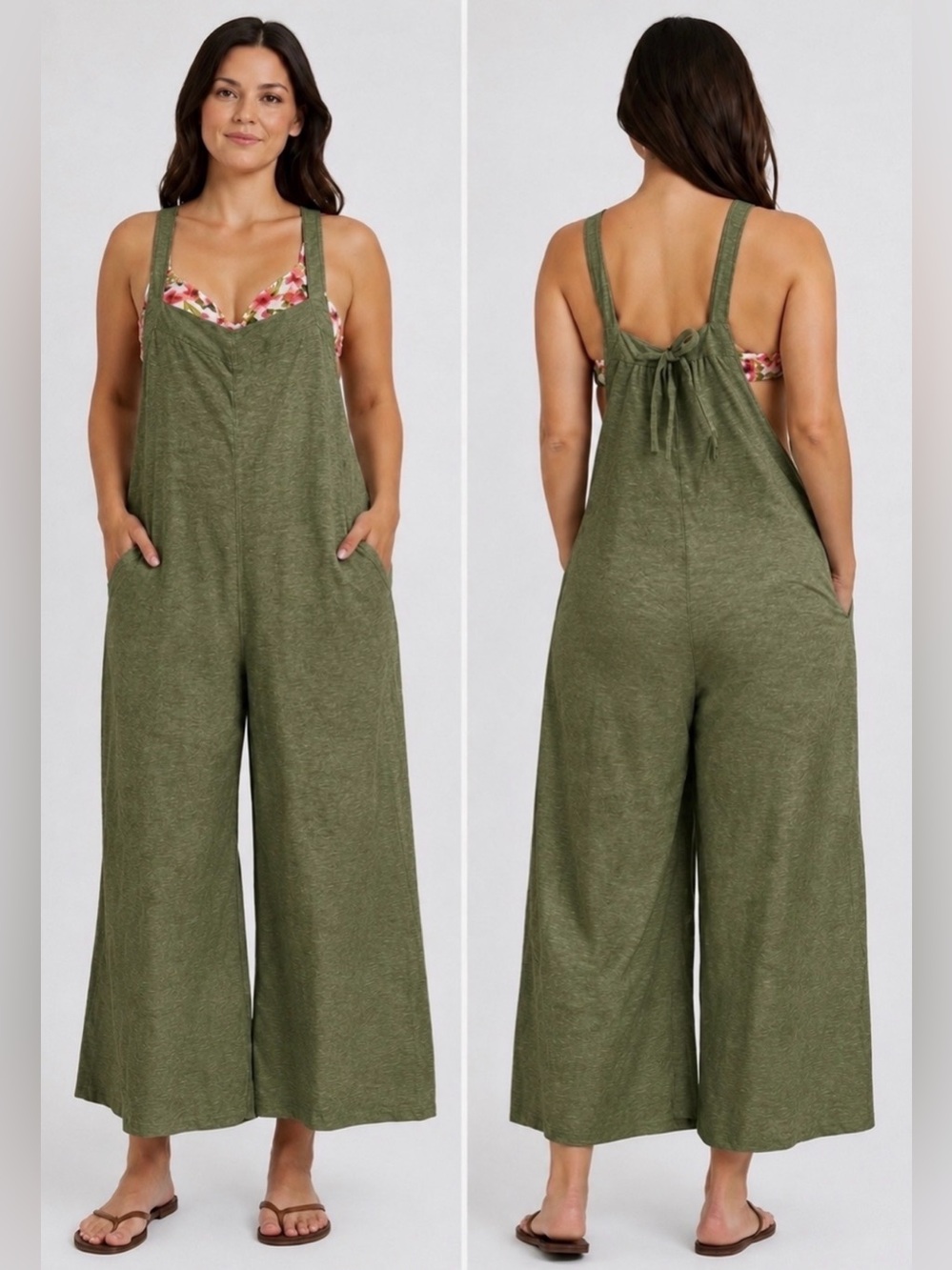 Haute Hippie Style Olive Green Linen Blend Wide Leg Cropped Jumper/Jumpsuit Med